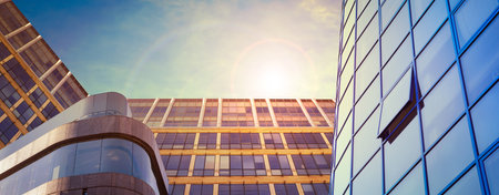 Low angle view of beautiful buildings on sunny day. banner design