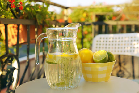 Jug with refreshing lemon water and citrus fruits in bowl on light table outdoorsの写真素材