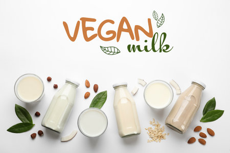 Different organic vegan milks and ingredients on white background, flat layの写真素材