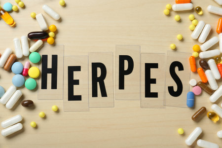 Flat lay composition with word Herpes and pills on wooden tableの写真素材