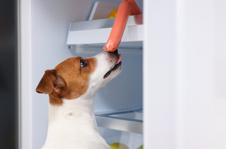 Cute Jack Russell Terrier trying to steal sausage from refrigeratorの写真素材