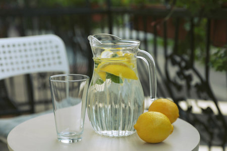 Jug with refreshing lemon water, glass and citrus fruits on light table outdoorsの写真素材