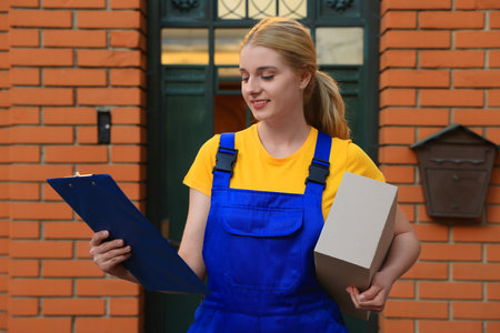Courier in uniform holding order receipt and parcel near house