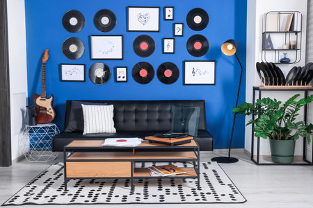 Living room decorated with vinyl records. interior designの写真素材