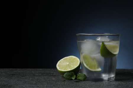 Glass of vodka with lime slices, mint and ice on gray table. Space for textの写真素材
