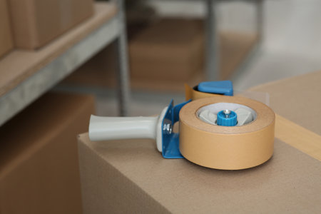 Adhesive tape dispenser on cardboard box indoorsの写真素材