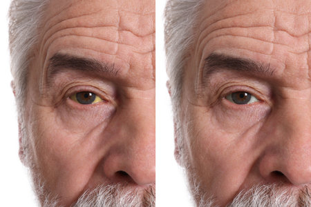 Collage with photos of senior man before and after hepatitis treatment, focus on eyesの写真素材