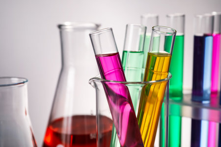 Different laboratory glassware with colorful liquids on gray background, closeupの写真素材