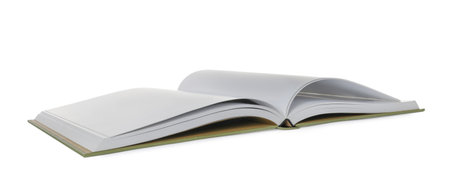 Open book with hard cover on white background