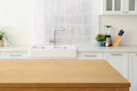 Stylish wooden table in the kitchen. interior designの写真素材