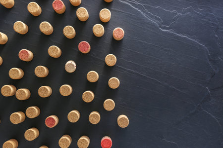 Wine bottle corks on black table, flat lay. Space for textの写真素材