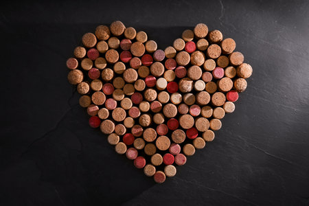 Heart made of wine bottle corks on black table, top viewの写真素材