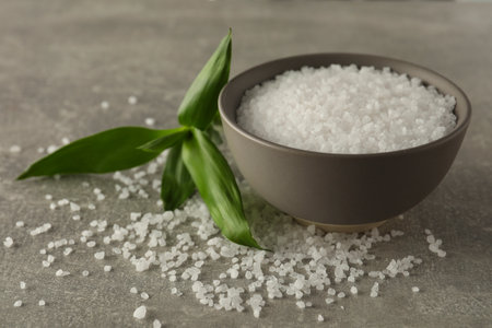Bowl of natural sea salt and green leaf on gray table