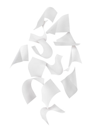 Many sheets of paper falling on white backgroundの写真素材