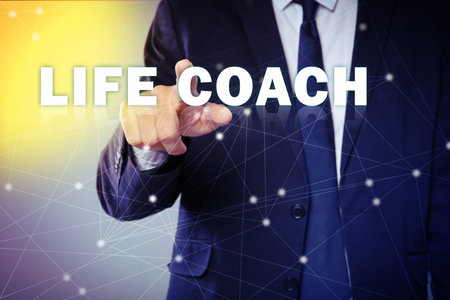 life coaching concept. Businessman touching virtual screen on color background, closeupの写真素材