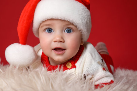 Cute baby in Santa hat on fluffy carpet against red background, closeup. christmas celebration