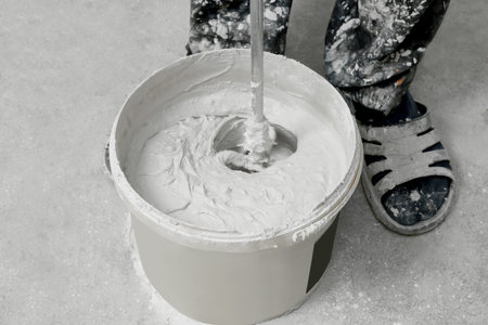 Professional worker plaster mixing in bucket indoors, closeupの写真素材