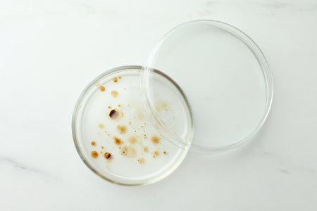 Petri dish with culture on white marble table, top viewの写真素材