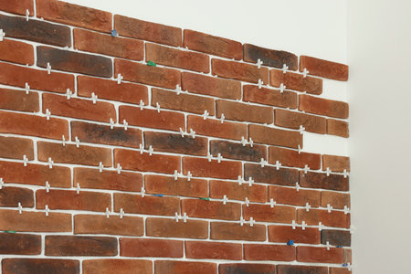 Decorative bricks with tile leveling system on white wall