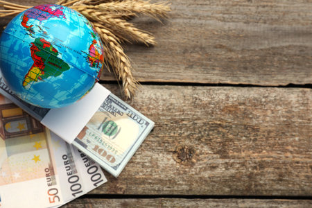 Globe, ears of wheat and banknotes on wooden table, flat lay with space for text. Import and export conceptの写真素材