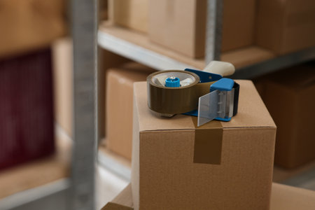 Adhesive tape dispenser on cardboard box indoors. Space for textの写真素材