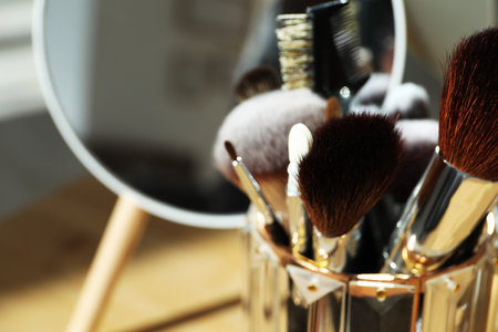 Set of professional brushes and mirror, closeup. Space for text