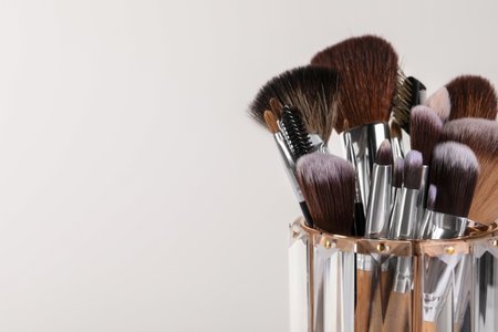 Set of professional makeup brushes on white background, closeup. Space for textの写真素材