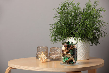 Glass jar with aromatic potpourri of dried flowers and beautiful houseplant on wooden table indoors....