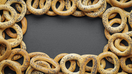 Frame of many delicious ring shaped Sushki (dry bagels) on dark blue background, top view. Space for...