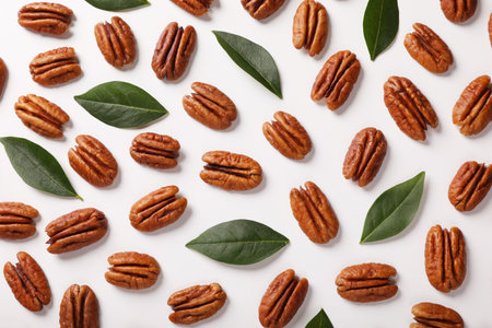 Delicious pecan nuts and green leaves on white background, flat lay