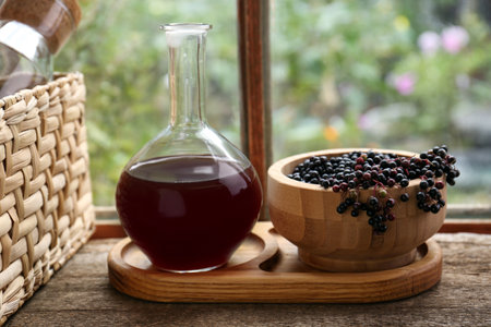 Elderberry wine and bowl with Sambucus berries on wooden table near windowの写真素材