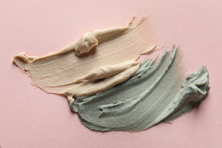 Samples of face mask on pink background, flat layの写真素材