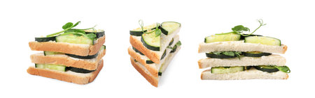 Collage with tasty cucumber sandwiches on white background, banner designの写真素材