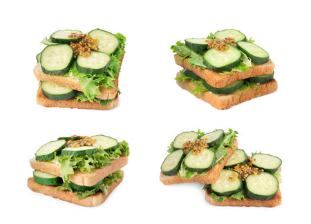 Collage with tasty cucumber sandwiches on white backgroundの写真素材