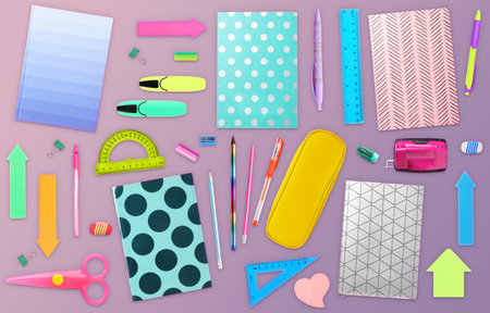 Flat lay composition with different school stationery on violet backgroundの写真素材