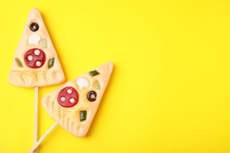 Pizza shaped lollipops on yellow background, flat lay. Space for textの写真素材