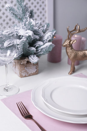 Stylish table setting and festive decor on white backgroundの写真素材