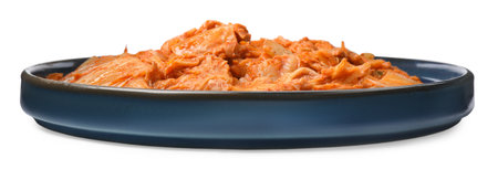 Plate of delicious kimchi with Chinese cabbage isolated on whiteの写真素材