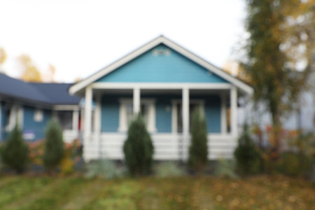 Blurred view of beautiful light blue houses outdoors. real estateの写真素材