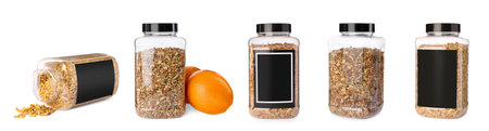 Collage with dried orange zest seasoning on white background, banner design
