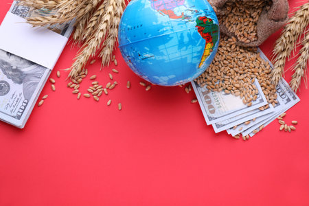 Import and export concept. Globe, ears of wheat and money on red background, flat lay with space for textの写真素材