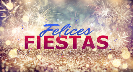 Felice Fiestas. Festive greeting card with happy holiday's wishes in Spanish on bright backgroundの写真素材