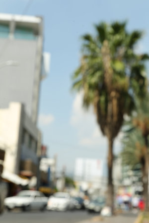 Blurred view of city street with modern buildings and palm treesの写真素材