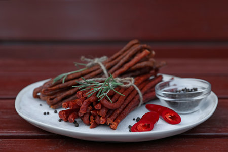 Tasty dry cured sausages (kabanosy) and ingredients on wooden table, closeup