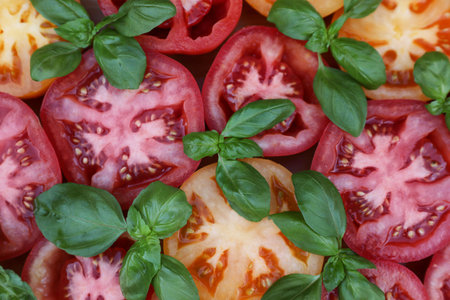 Cut tomatoes of different sorts with basil as background, top viewの写真素材