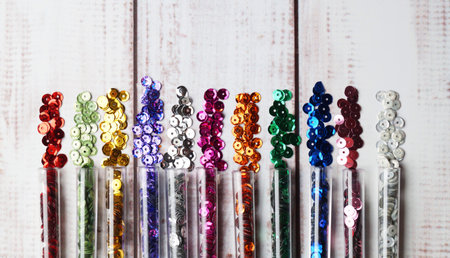 Tubes with many colorful sequins on white wooden table, flat lay