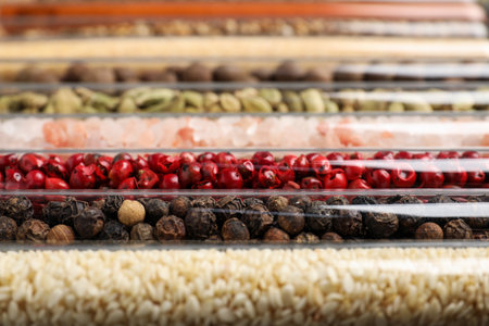 Glass tubes with different spices, closeup viewの写真素材