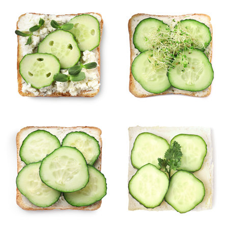 Collage with tasty cucumber sandwiches on white background, top viewの写真素材