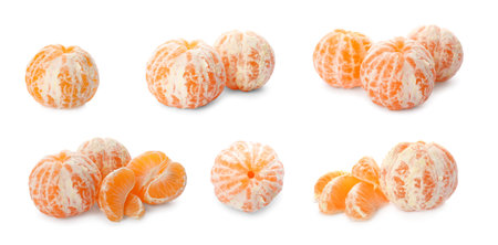 Set with fresh ripe tangerines on white background. banner designの写真素材
