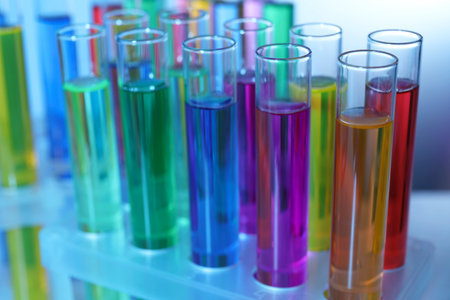 Many test tubes with colorful liquids on blurred background, closeup